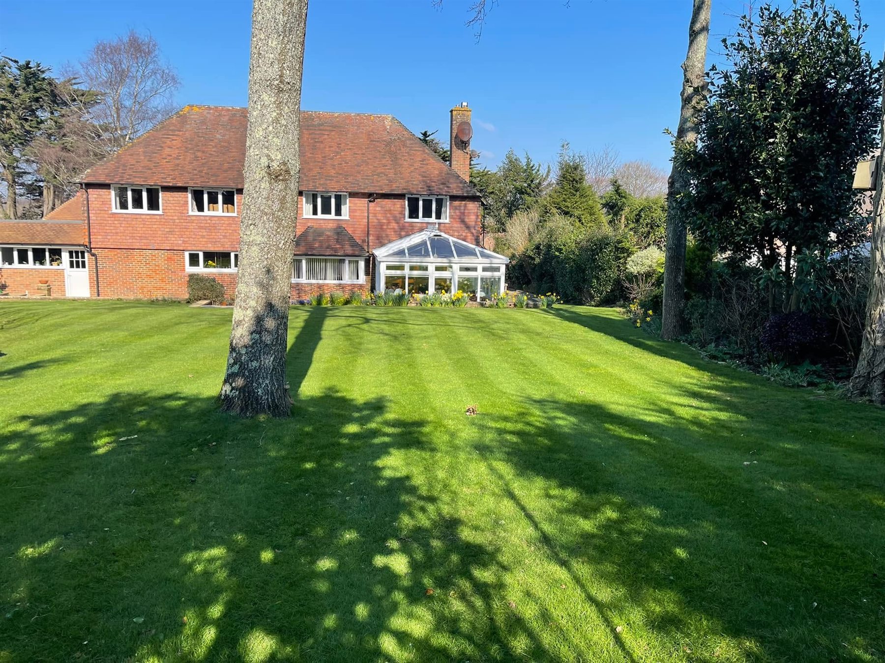 Neat garden lawn and borders beside a home