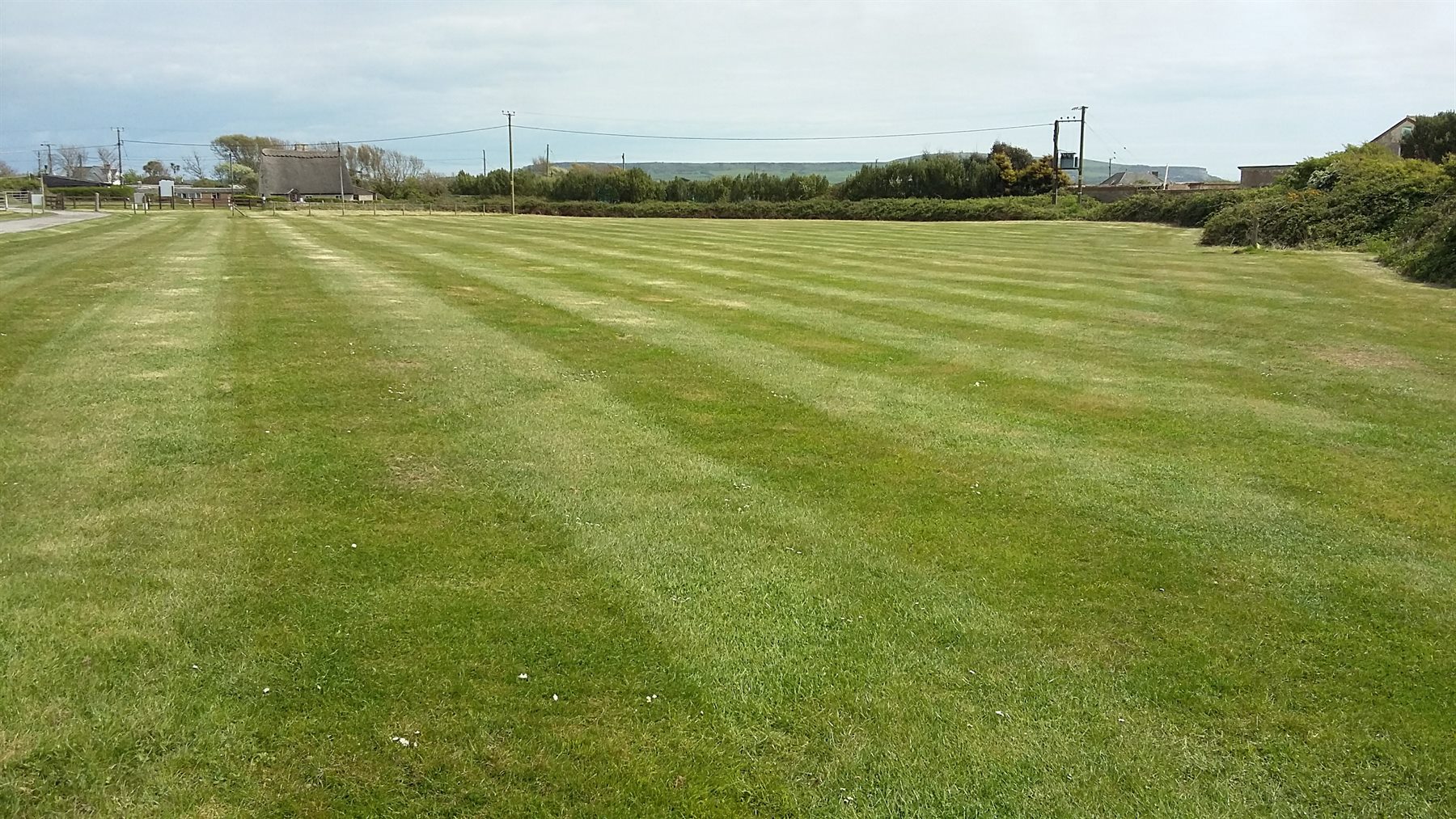 A large lawn freshly mown in neat parallel stripes