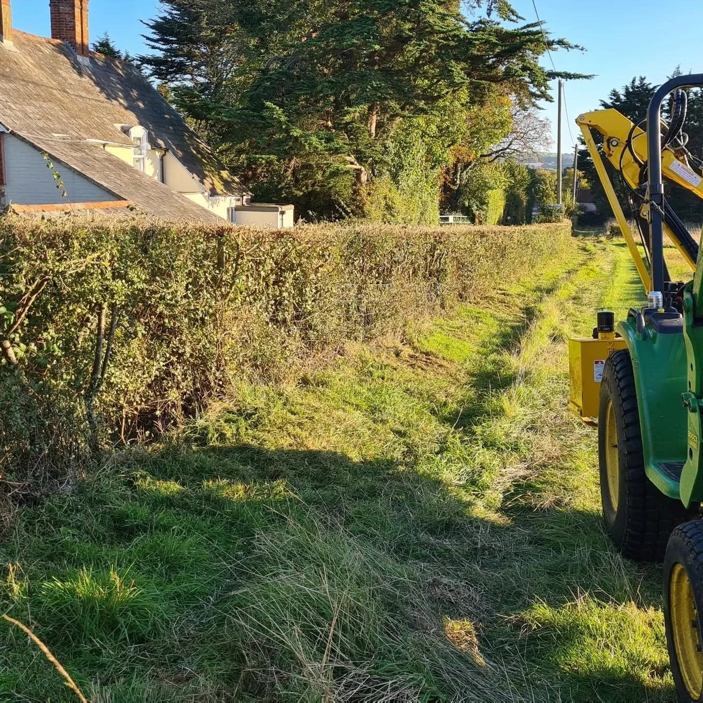 Compact tractor mowing grass beside trees and homes